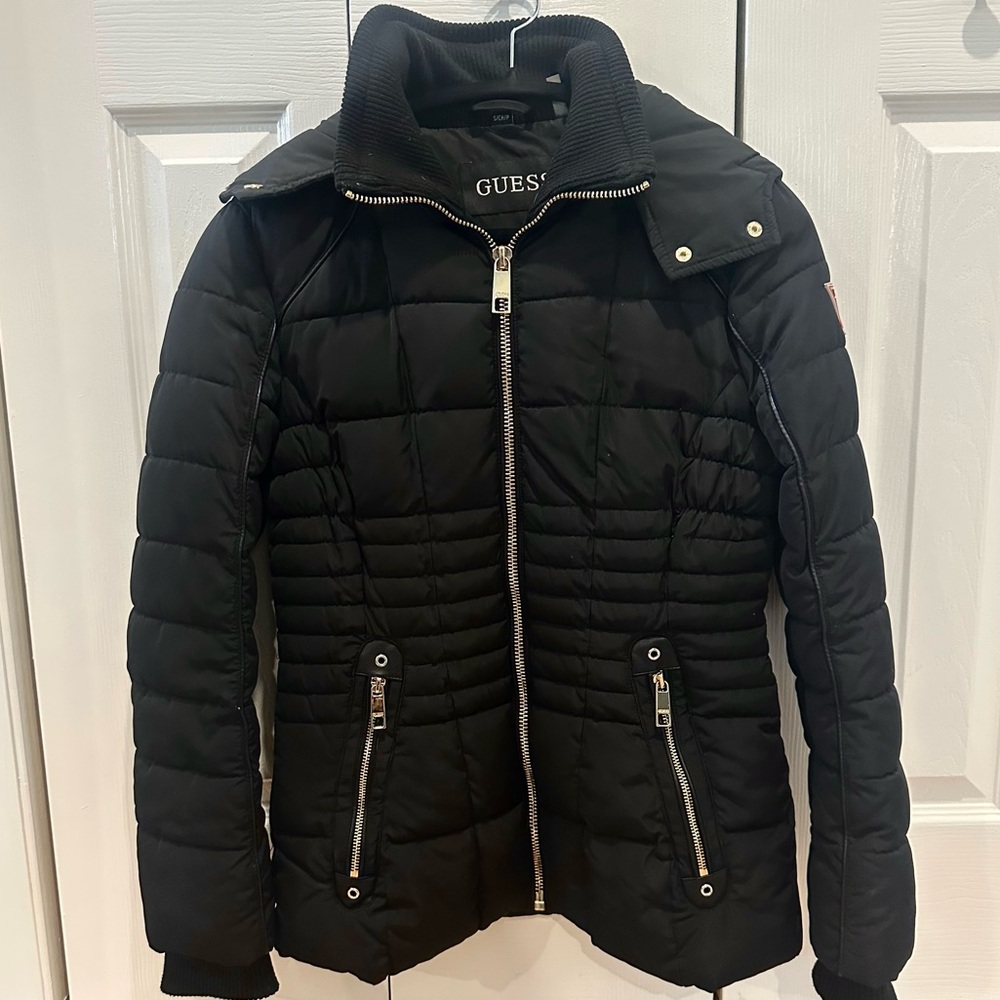 GUESS Women's Black Puffer Jacket with Light Gold Accents